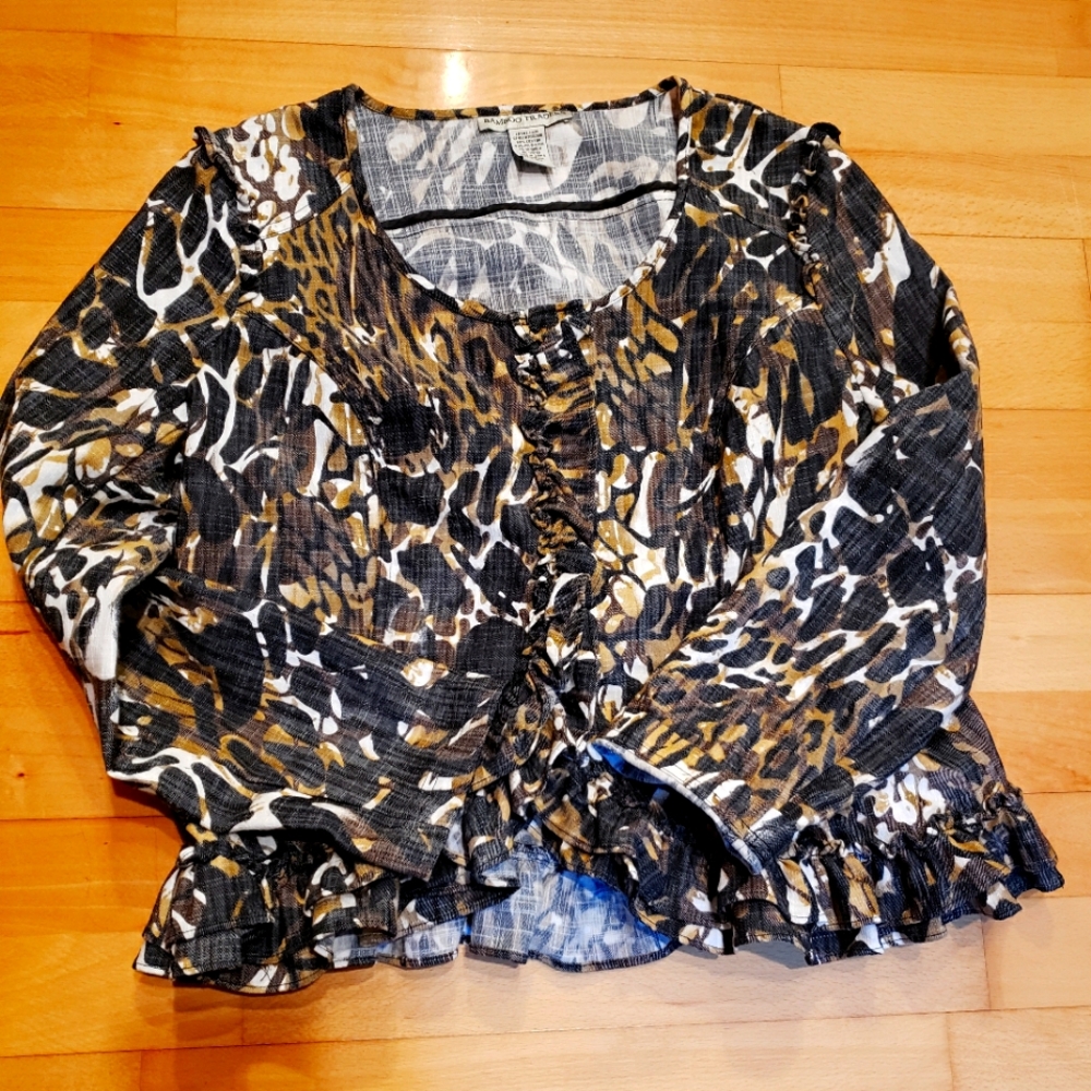 Bamboo Traders olive  black cream abstract print snap front cotton blend jacket